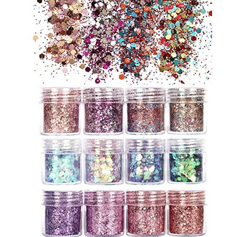 Face Body Eye Festival Hair Holographic Nail Glitter 12 Colors High Pigment Superfine Holo Nail Polish Art Powder Craft Sequins
