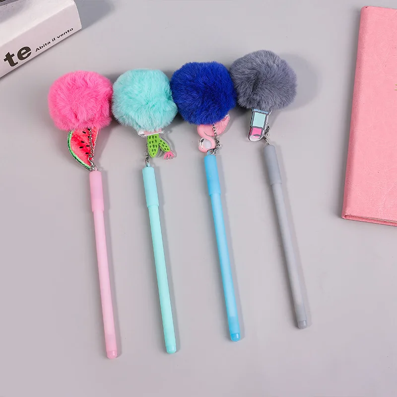 Promotional Stationery Cartoon Doll Head Plush Neutral Pen Color Plush Ball Pendant Gel Pen