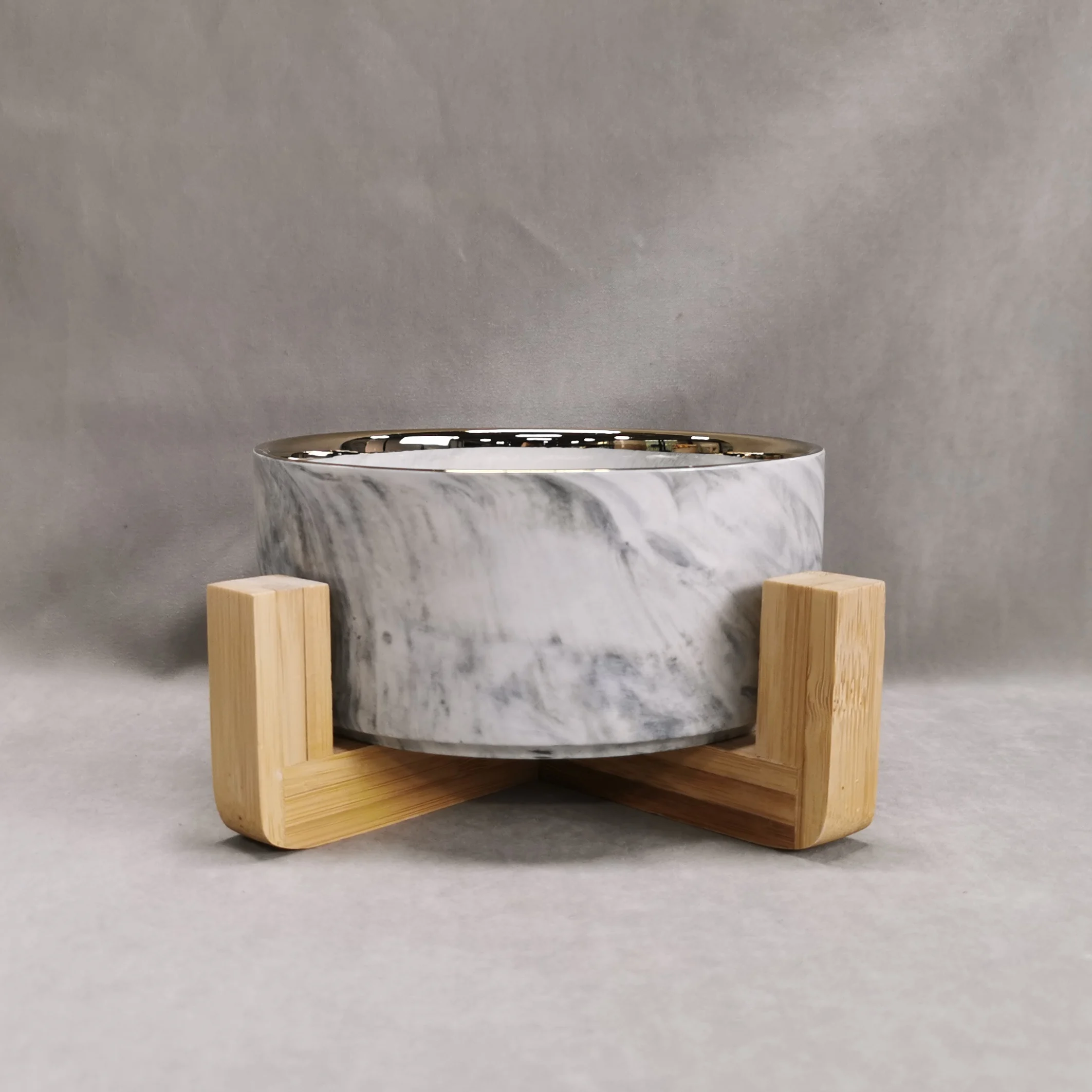 New italian white marble look ceramic 6 inch with bamboo stand gold rim pet feeding cat dog bowl set food round bowl marble