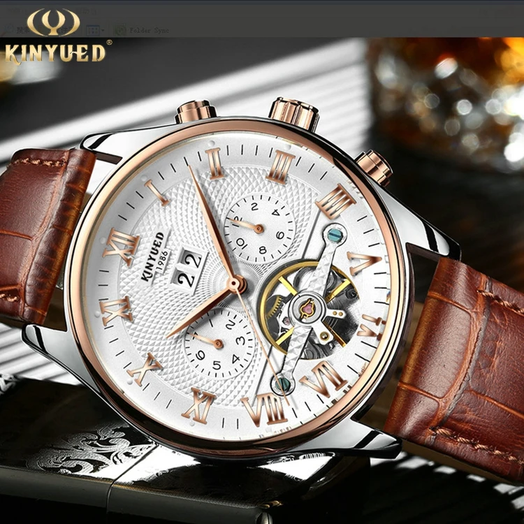 Повседневные модные мужские часы KINYUED J012 с кожаным ремешком и турбийоном автоматические механические наручные 12