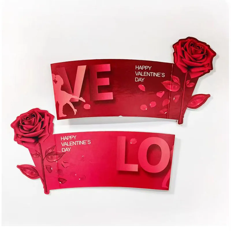 Red Rose Cup Sleeve Insert Card Milk Tea Cup Custom Logo Disposable Waterproof Paper Sleeves