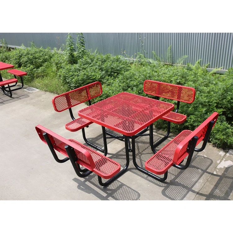 outdoor public commercial steel square picnic table with backrest bench restaurant outside metal table and chair for event