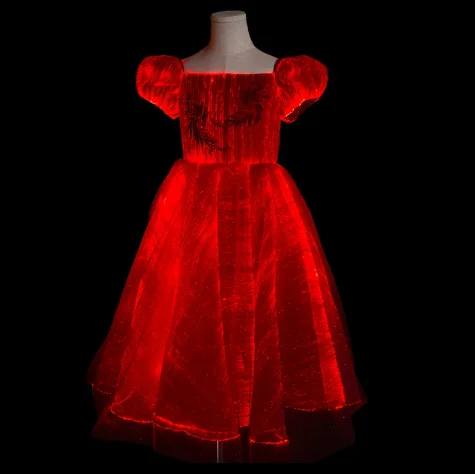 Fairy Tale Bubble Sleeves Red Fiber Optic Dress Girls Luminous Skirt Party Costume With Light Up Removable Including Controller