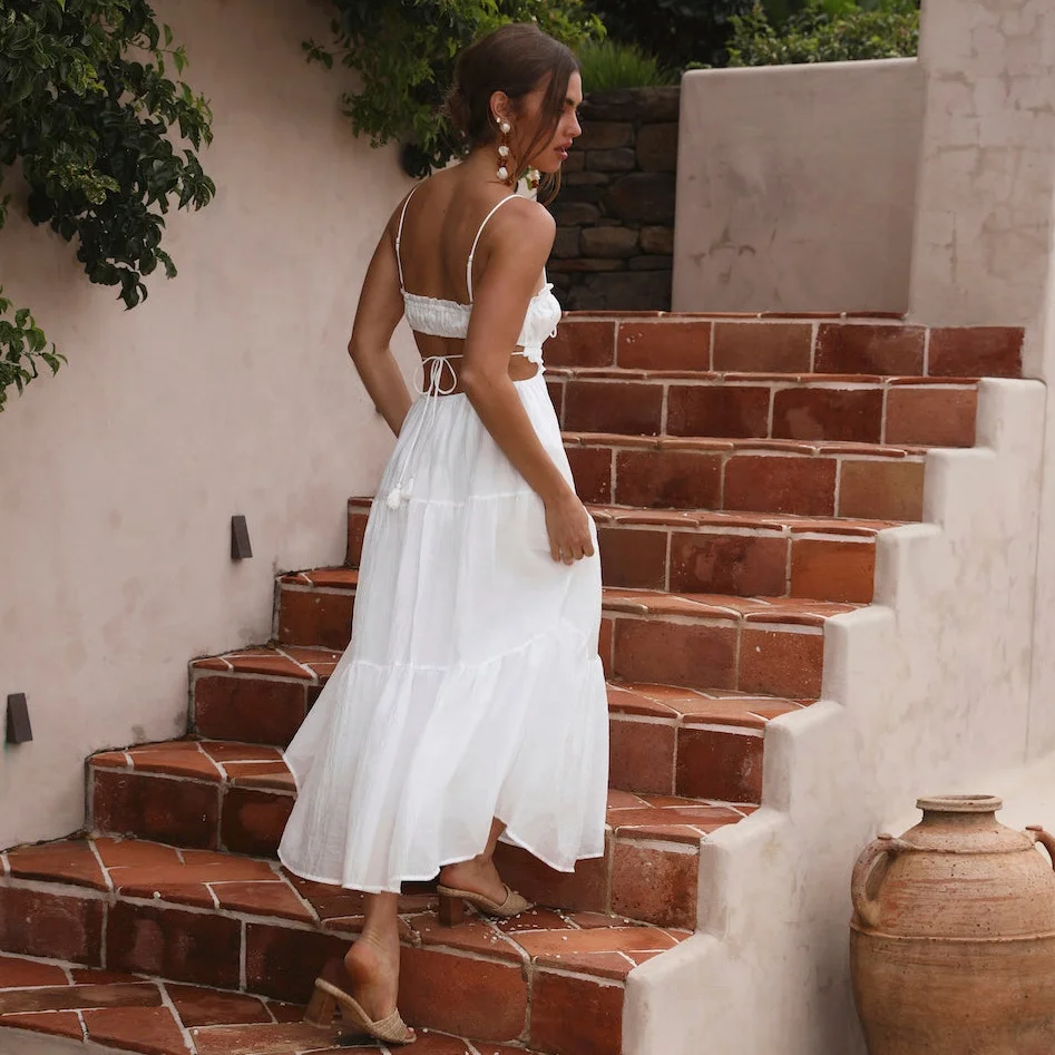 Custom Relaxed Fit Adjustable Thin Straps Tie-up Pom-like Tiered Lightweight Skirt Square-neckline Back Cutout Maxi Dress