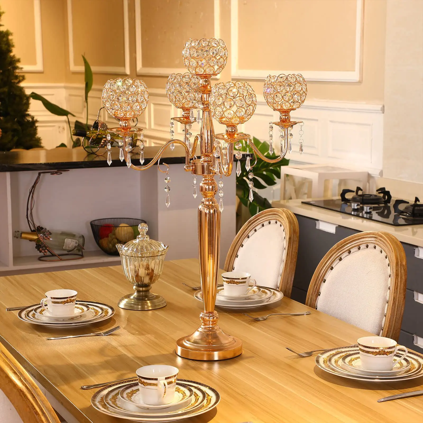 Gold Candle Holder Candelabra Holiday Home Decorative Crystal Centerpiece Candle Holder for Wedding Party Dinner