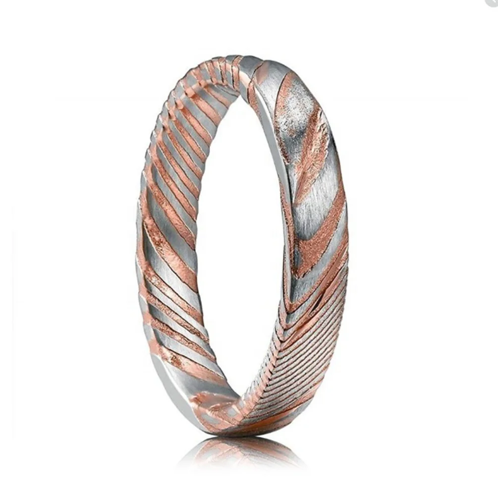 Alin Customized Trendy Classic Rose Gold Damascus Steel Ring Unique 4mm Thin Wedding Bands for Men