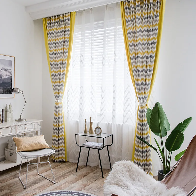 Latest Curtain Fashion Designs Polyester Curtain Modern Wave Geometry Striped Yellow Curtain For Bedroom