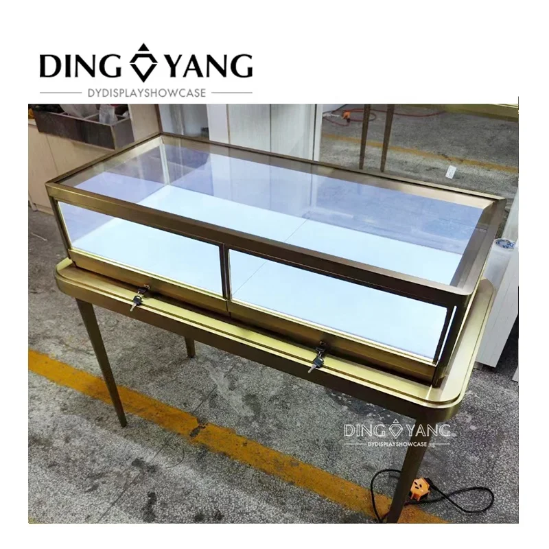 Customized Nice Design Fashion Rectangle 48 X 22 X 38 INCHES Brush Golden Jewelry Glass Showcase With Bright Led Lights