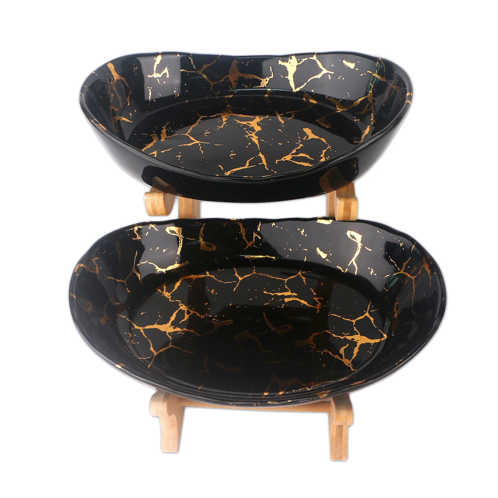 Creative Black and Dark Green With Gold Marble Ceramic Plates Serving Dishes Bamboo Rack for Ethiopian