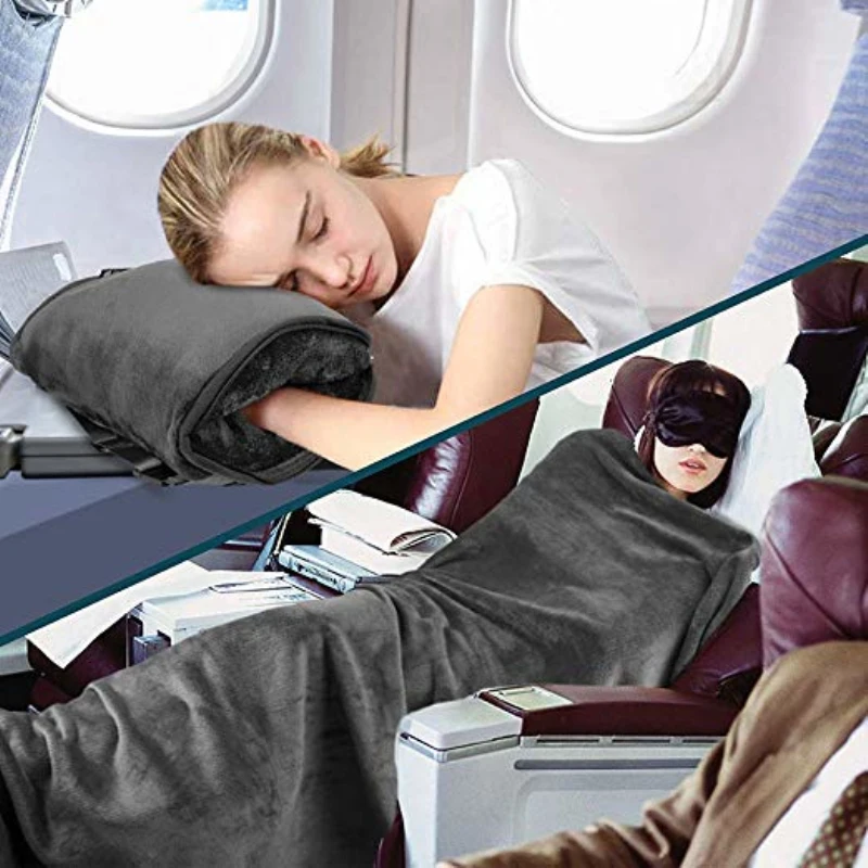 
Light Weight Airplane Travel Blanket Portable Cozy-Soft 2 in 1 100% polyester flannel Blanket and Pillow in Compact Bag 