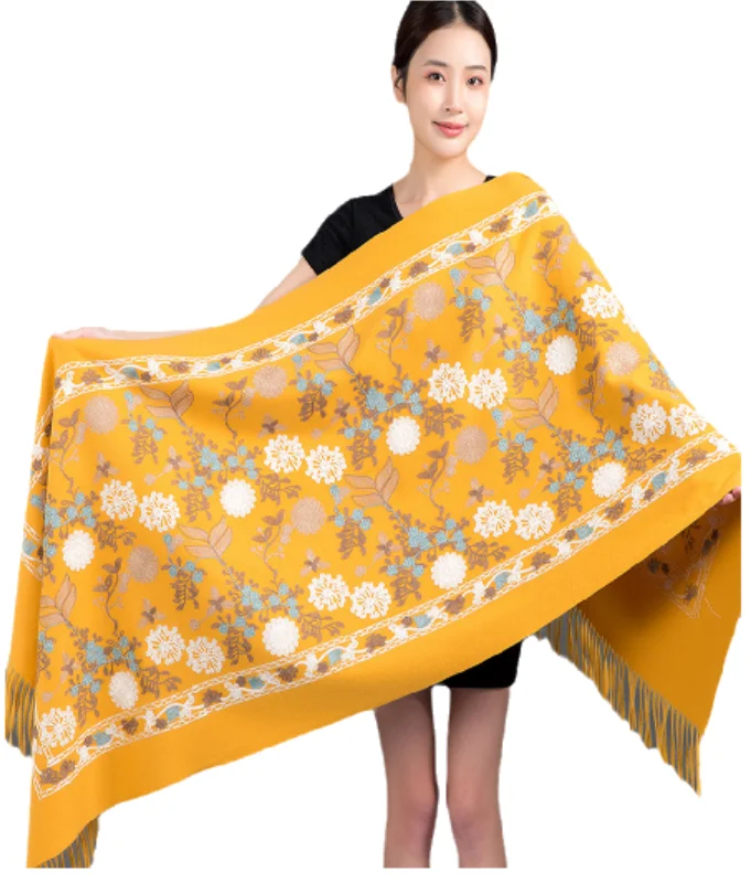 Thick Warm Cashmere Shawls Mixed Long Winter Poncho Scarves With Delicate Embroidery For Women Supplier Wholesale