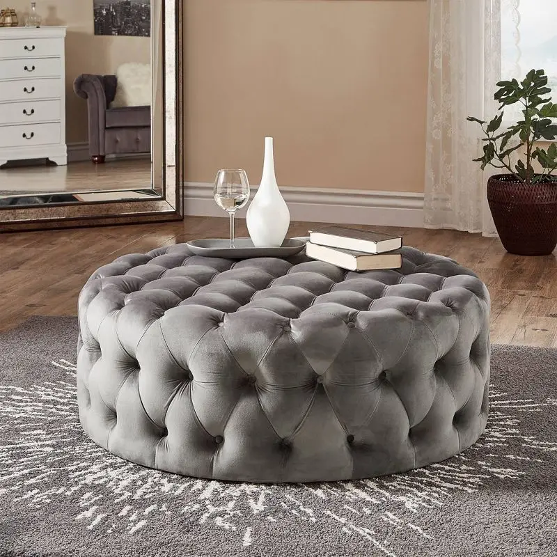 Modern Upholstered Leisure Living Room Furniture Grey Fabric Ottoman Home Luxury Velvet Round Foot Stool