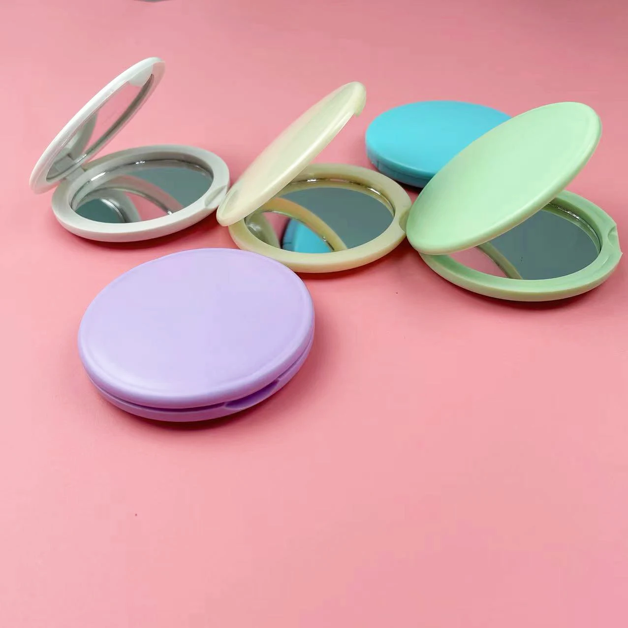 Cheap price plastic  Round Pocket Mirror  Pink Folding mirror Double-sided fold Compact mirror for Cosmetic
