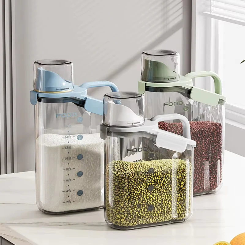Factory custom wholesale square plastic food kitchen grain moisture proof sealed storage tanks transparent with measuring cups