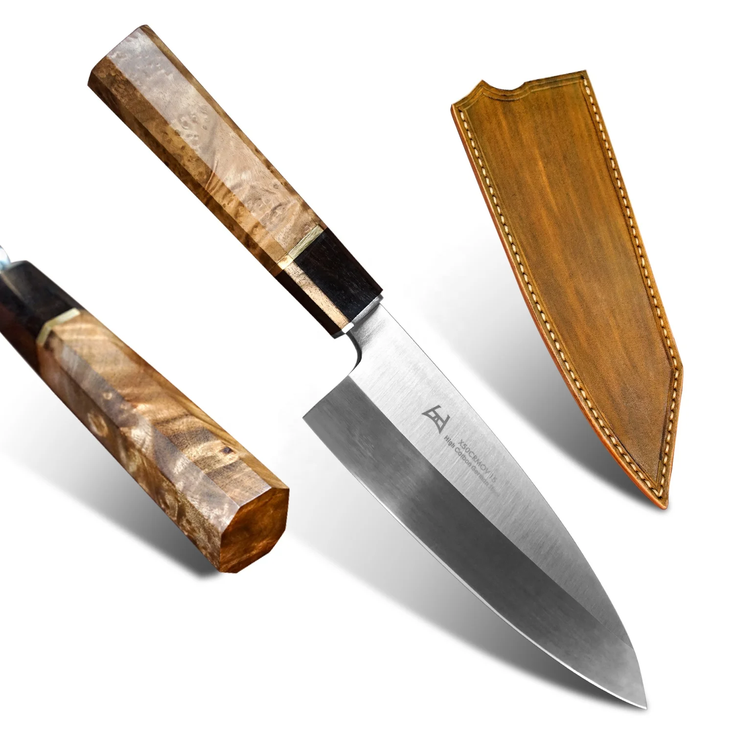 Figured Sycamore Burl Wood Handle Japanese Fish Sashimi Kitchen Chef Deba knife 320MM