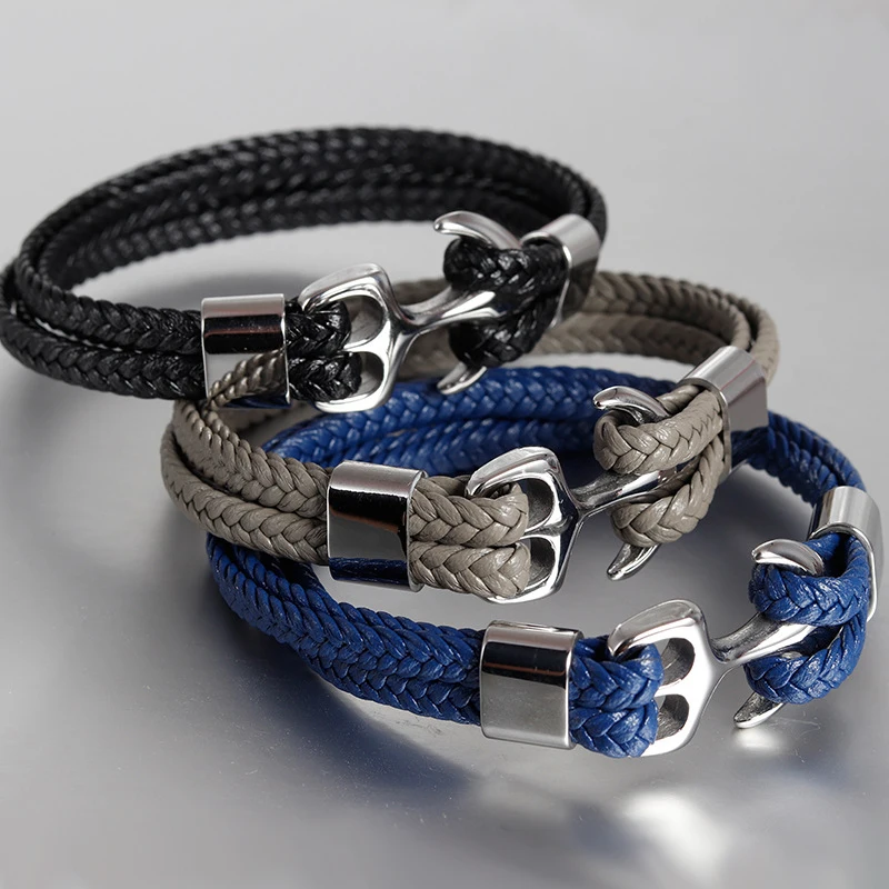 Fashion Jewelry Brown Color Multi Layer Vintage Woven Leather Rope Anchor Stainless Steel Bracelet For Men