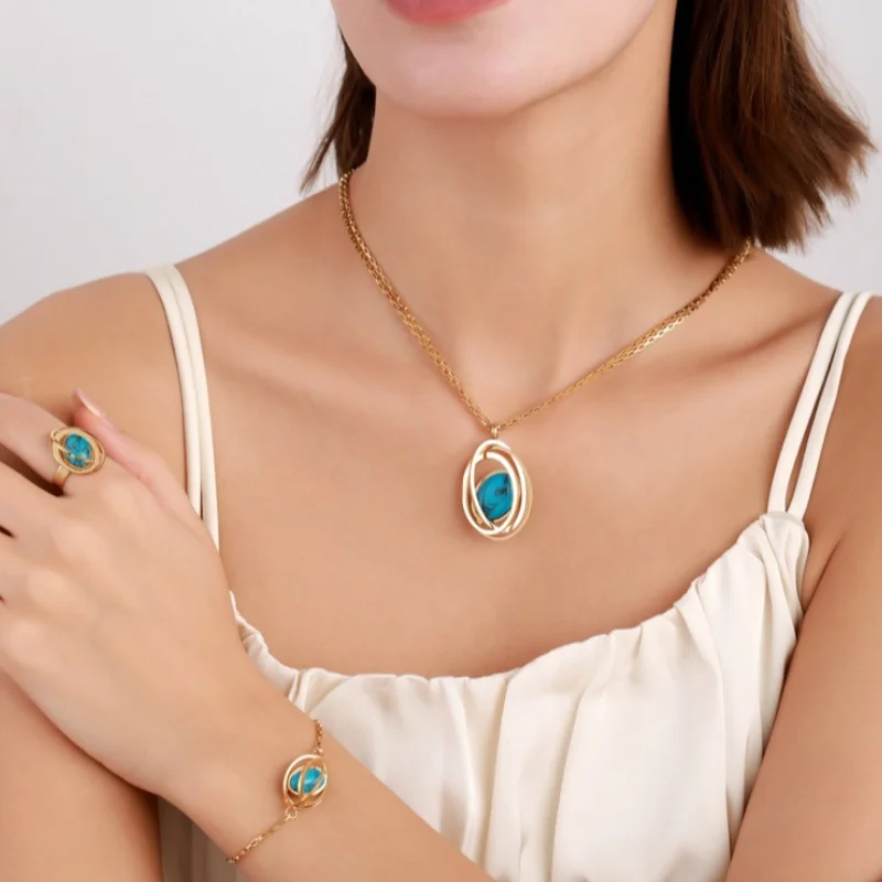 4 Pcs Necklace Female Niche Fashion Hollow Round Pendant Bracelet Earrings Ring Trendy Ornament Blue Turquoise Globe Jewelry Set