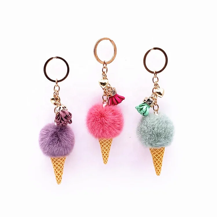 Hot Selling Creative Gifts Ice cream key chain cute bag cartoon plush pendant cone car key chain loop furry ball