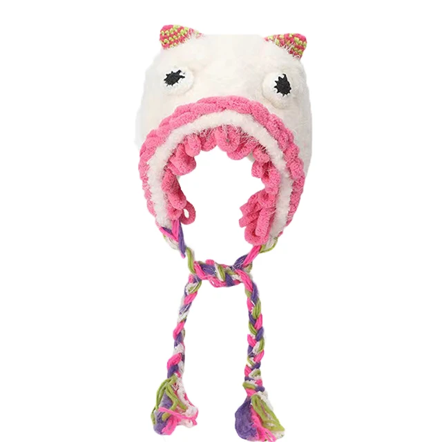 2024 Spot wholesale new cartoon cute plush ear protection little monster knitted hat personality fashion handmade wool hat