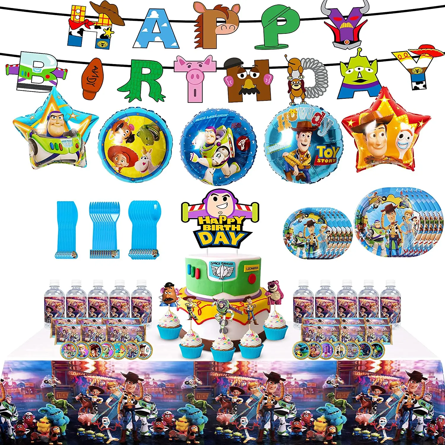 82 Pcs Party Favors Banner Cake Topper Plates Cutlery Foil Balloon for Kids Themed Party Toy Story Birthday Decorations