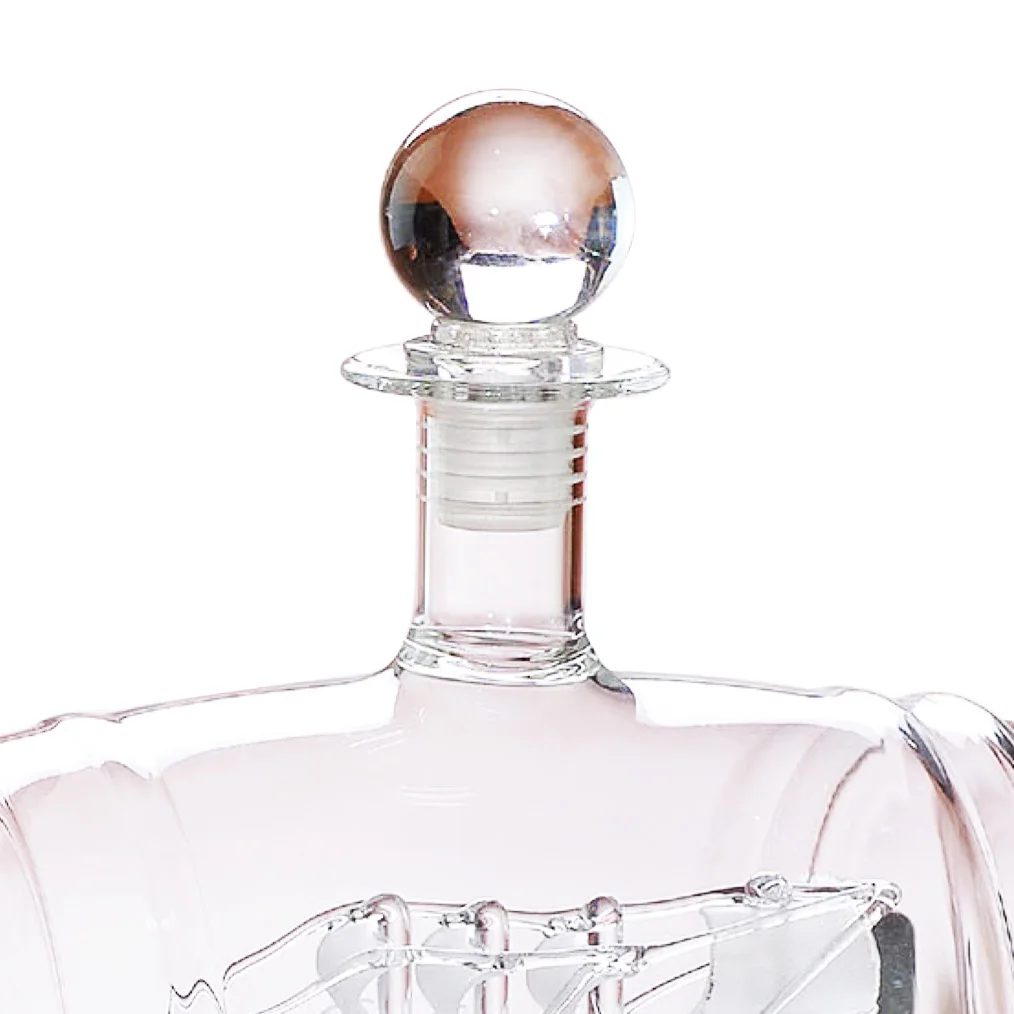 Custom 500ml 600ml 800ml Whiskey Wine Decanter Set With Wood Base Handmade Sailing Boat Shape Liquor Glass Decanter Set