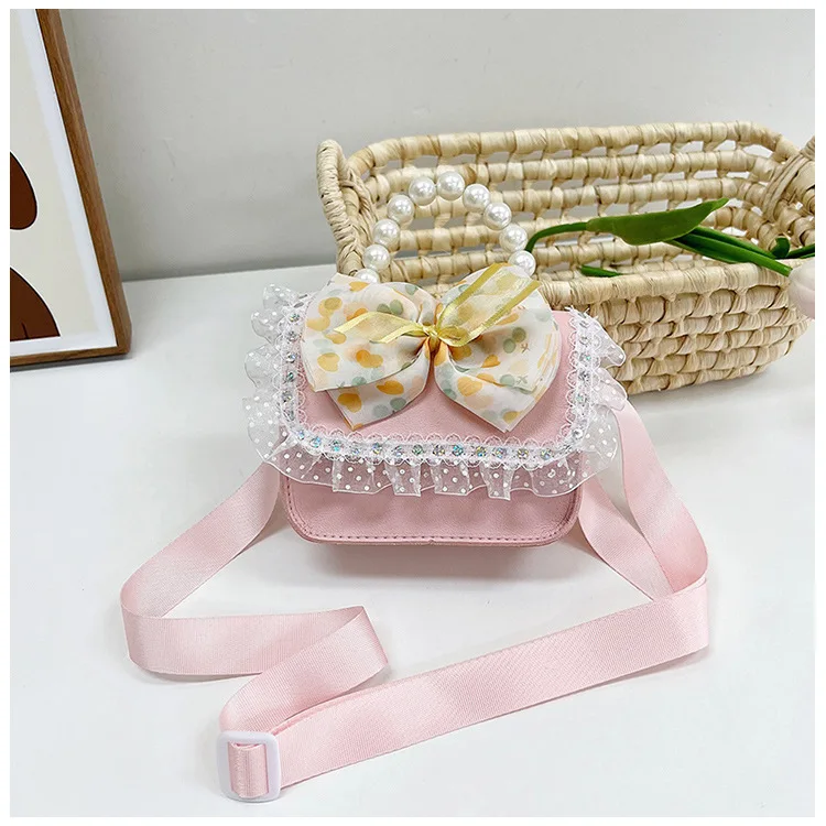 Wholesale Little Girl Cute bow Crossbody Handbag with Pearl mini pink Kids Shoulder Bag