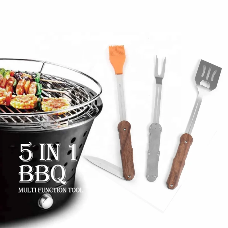 Hot Sale Portable Multi Function Camping 5 in 1 Barbecue Grilling Accessories Wood Handle Bbq Tool Set