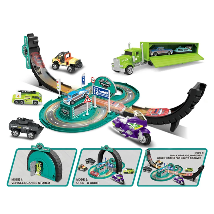 Deformable tyre parking lot with 1:64 Alloy car model Road traffic toy with guidepost  kids racing toys for boys