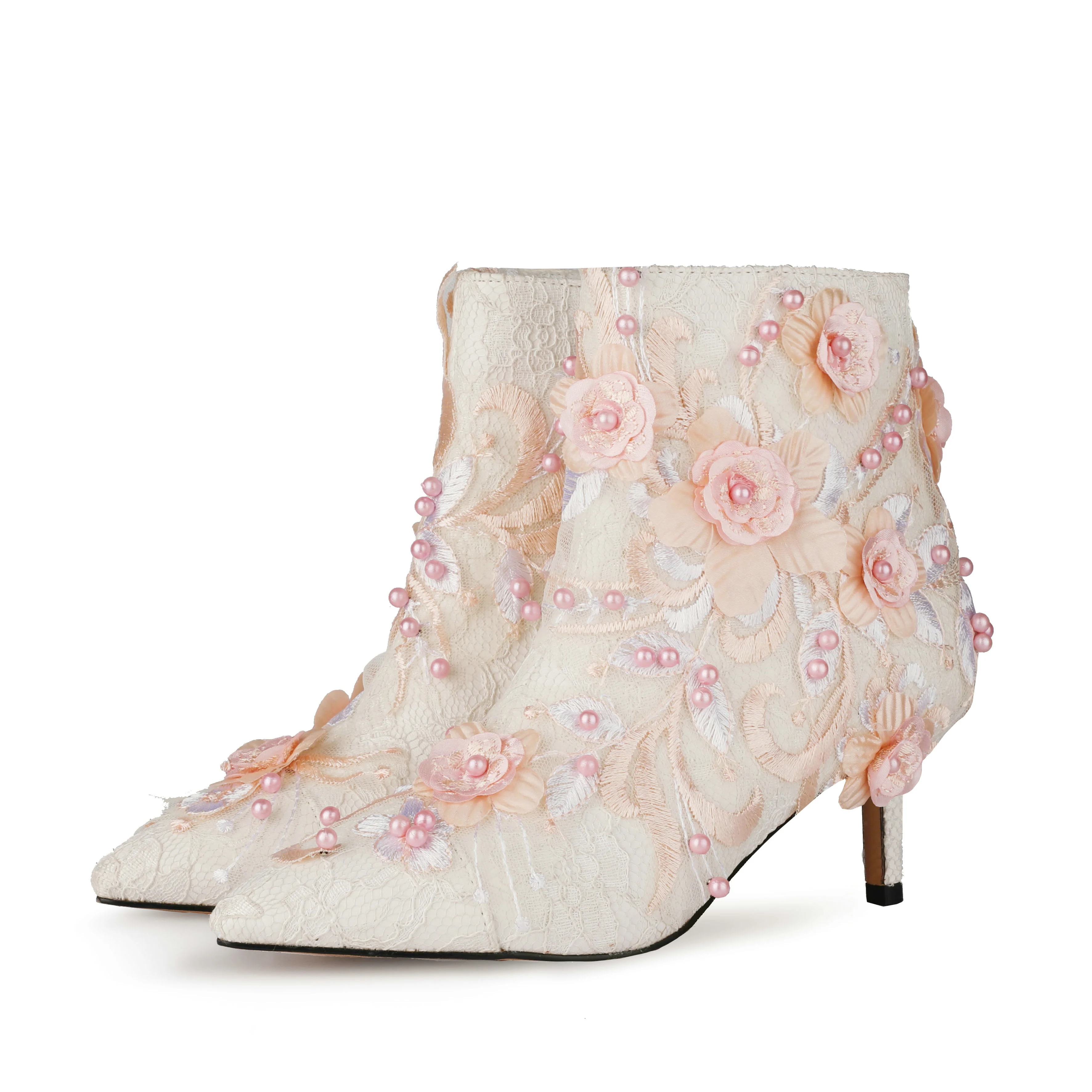 
Elegant White Color Satin Lace Women High Heel Wedding Shoes for Bride with Pearls 