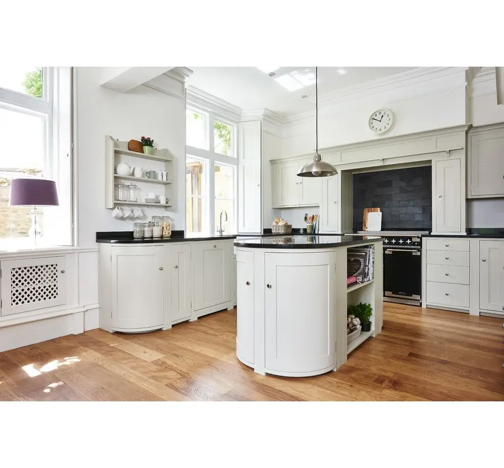 2024 New Trend Product White USA Apartment Solid Wood Shaker Curved Island Kitchen Cabinets