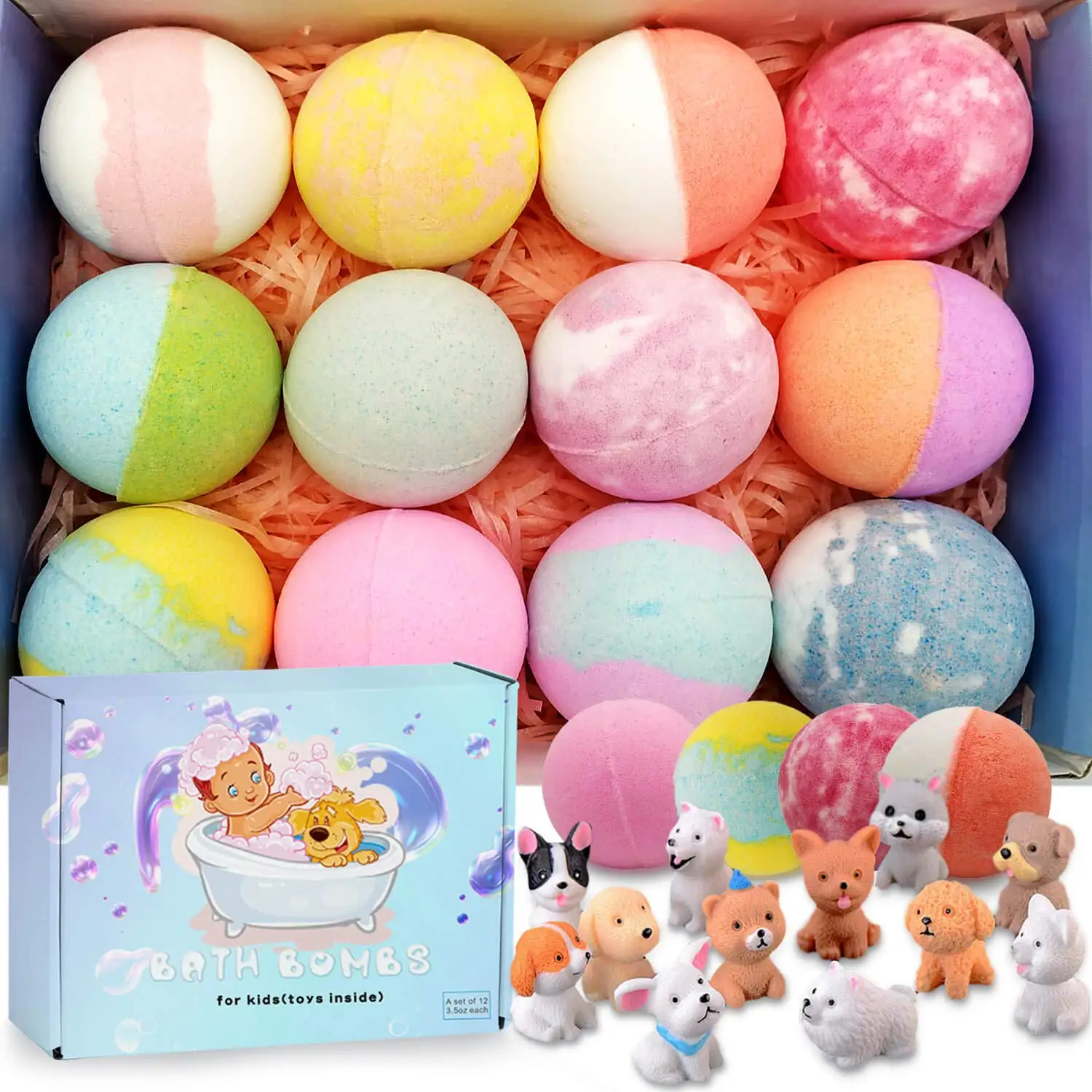 Custom colorful fizzy More Bubbles All Natural Vegan bath bombs with toy, bath bomb kids mini dog toys