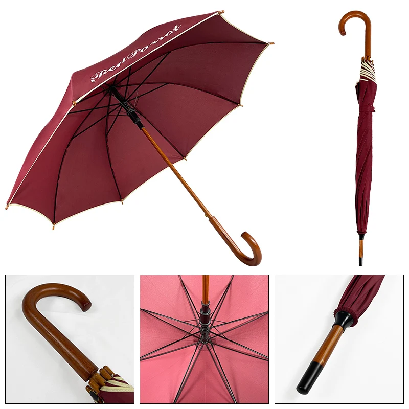 Umbrella Factory Wholesale J Wooden Handle Straight Sticks Wood Umbrella Custom Automatic Umbrella