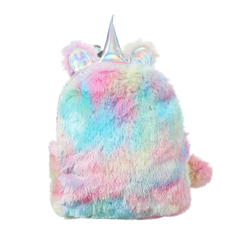 Wholesale kids fluffy rainbow school backpack bag preschool toddler plush cute unicorn backpack for girls