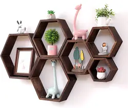 Set of 6 Wall Mounted Wood Farmhouse Storage Hexagon Floating Shelves for Living Room
