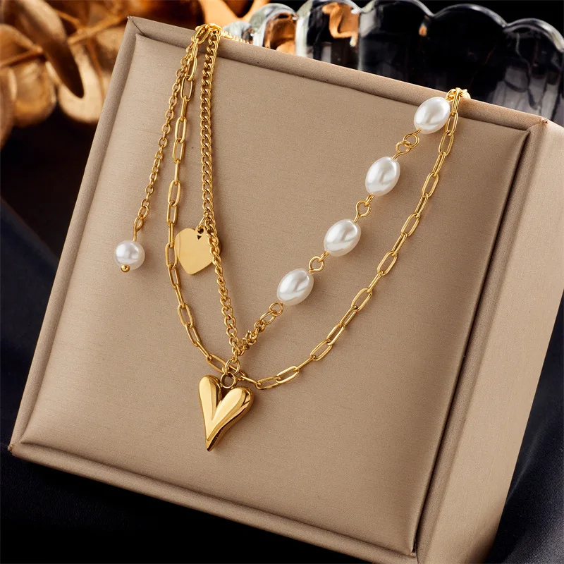 Vintage Gold Stainless Steel Pearl Heart Pendant Necklace Women Fashion Multi-layer Butterfly Tassels Necklace Jewelry For Gifts