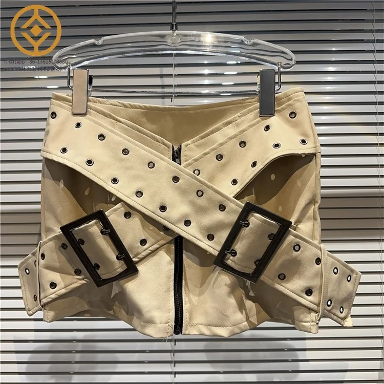 2023 Autumn New Explosive Street Style Cross Wide Belt Calculation Matte Leather Spicy Girl Short Skirt Wrapped Hip Skirt