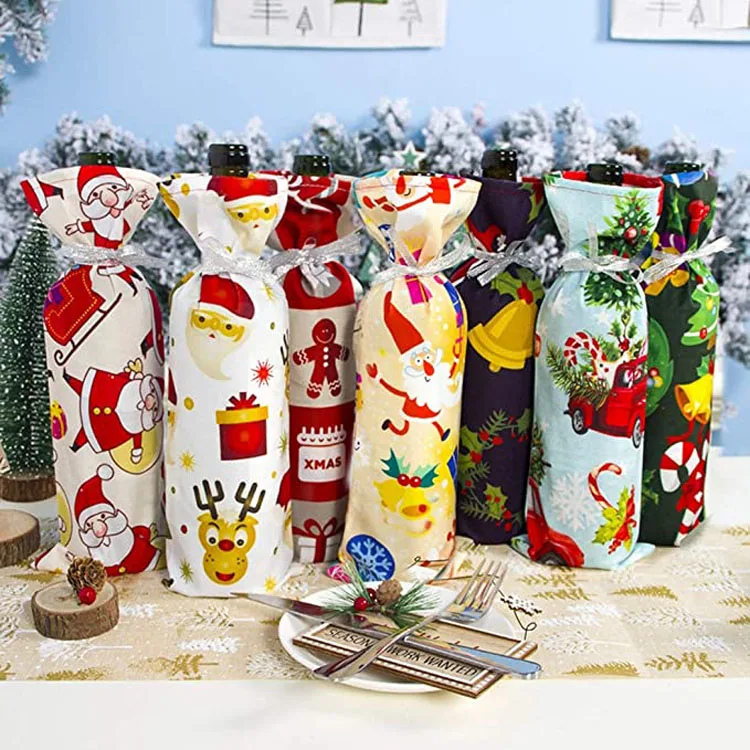 Custom Santa Wine Bottle Cover Christmas Dinner Party Table Decor Wine Gift Bags Merry Non Woven Christmas Cotton Bag 14 Folding