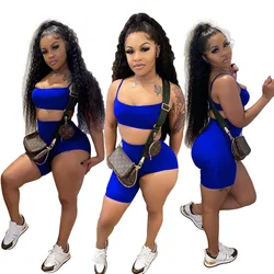 2022 Summer Neon Two Piece Low Cut 2 Piece Set Women Clothing Sport Backless Crop Top And Short Set