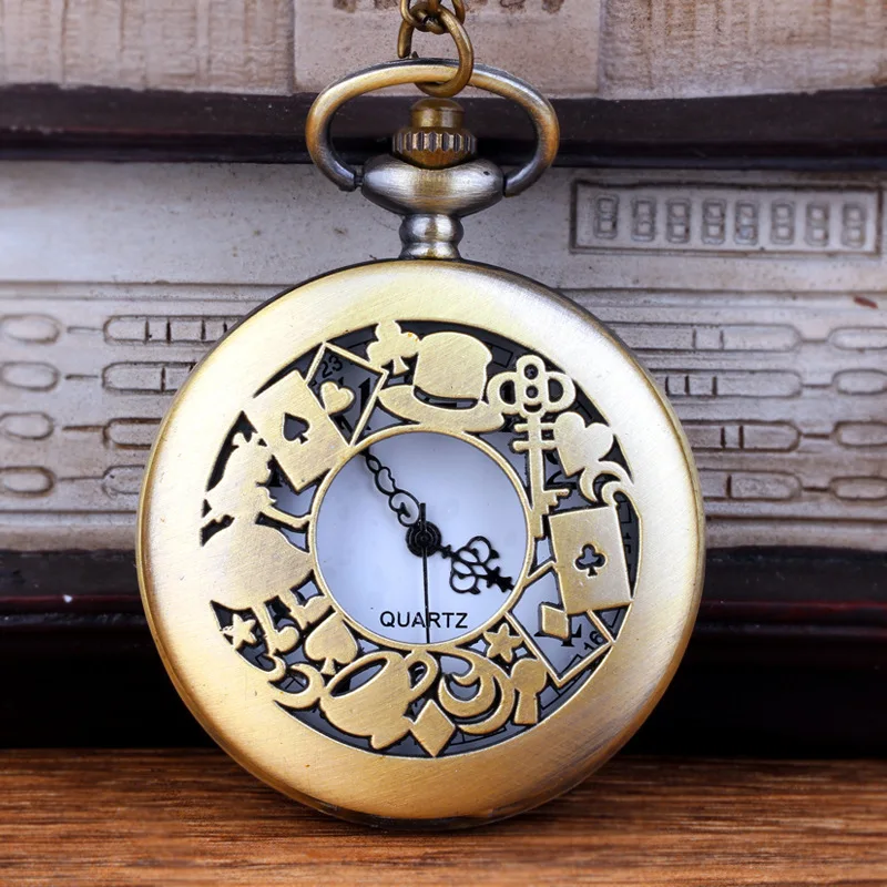 Large Hollow Quartz Pocket Watch Fine Chain Hollow Woman Hat Poker Card Pocket Watch Roman Pocket Watch