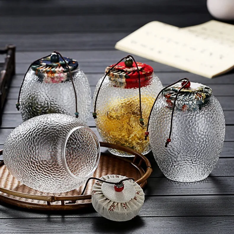 glass tea jar with flower cloth cover transparent sealed flower tea tank household hammer patterned storage pot