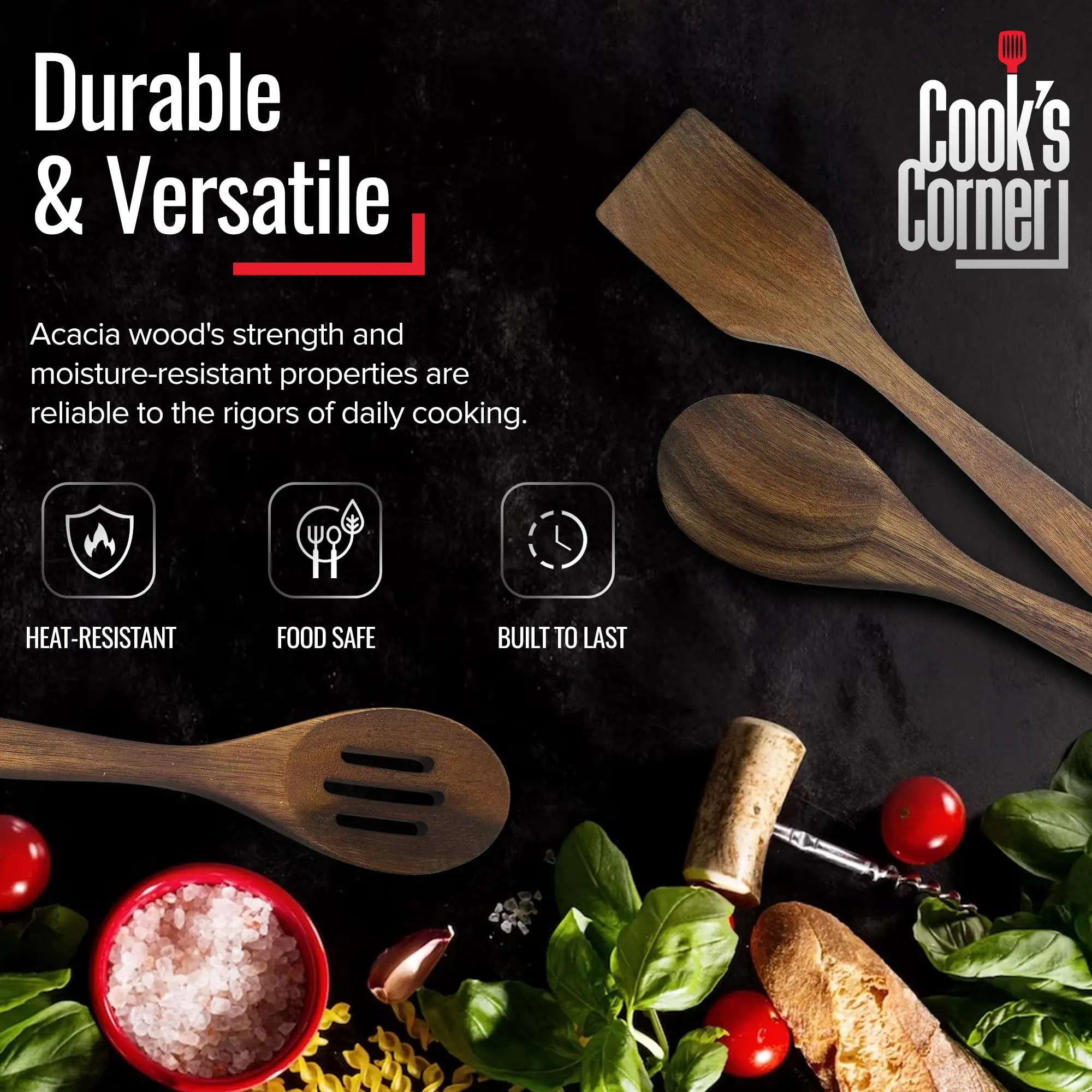 Wood 3 Pc Slotted Spoon Solid Spoon and Spatula in Sustainable Acacia Safe Non-stick Kitchen Utensils Set