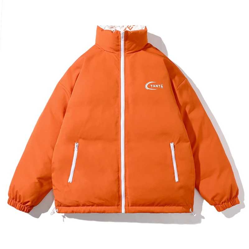 Custom Streetwear Neon Embroidery Down Jacket Winter Cotton Padded Warm Loose High Street Stand Collar Varsity Coat