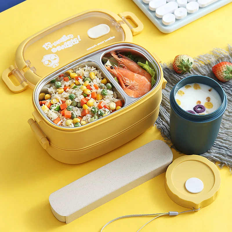 IKITCHEN Hot sale kids water bottle and lunch box airtight stainless steel tiffin box thermal 2 layer microwave bento lunch box