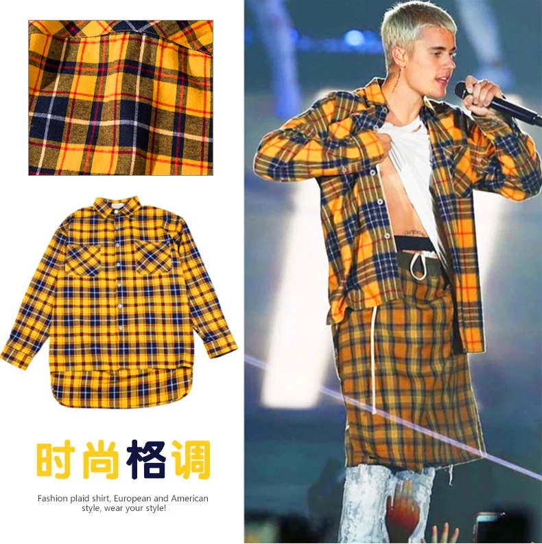 Yellow Plaid Button Down Cotton Checked Flannel Shirts Men