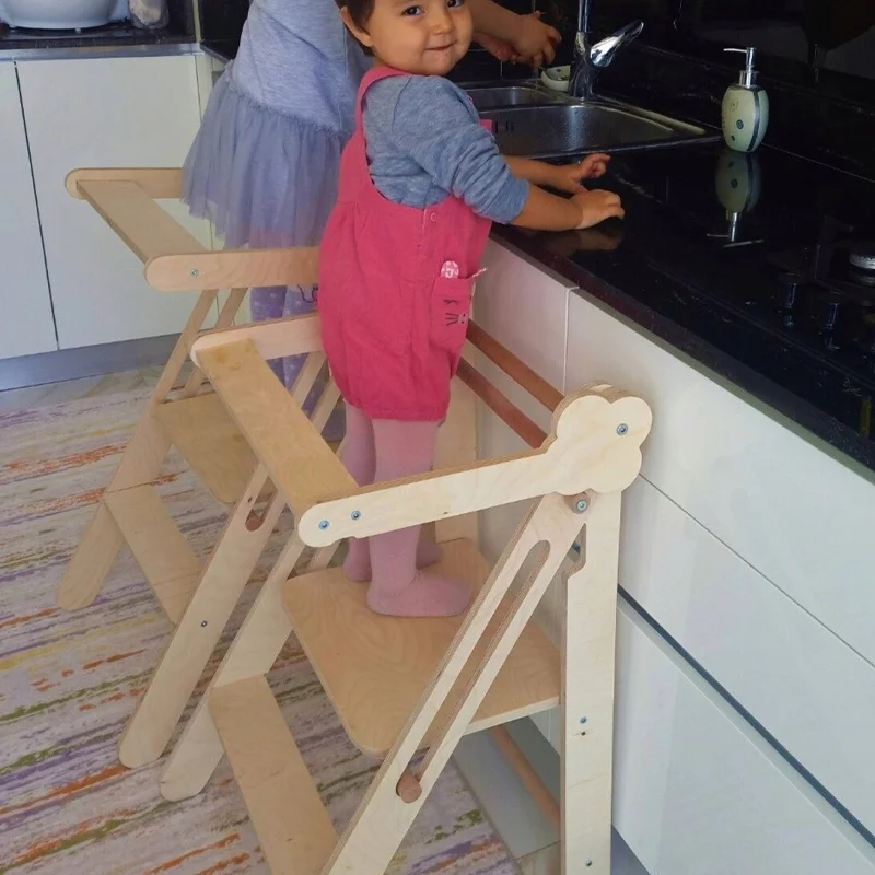 Wooden Montessori Folding Kitchen Helper Tower Kitchen Step Stool Toddler Safety Stool Adjustable Learning Tower For Toddlers