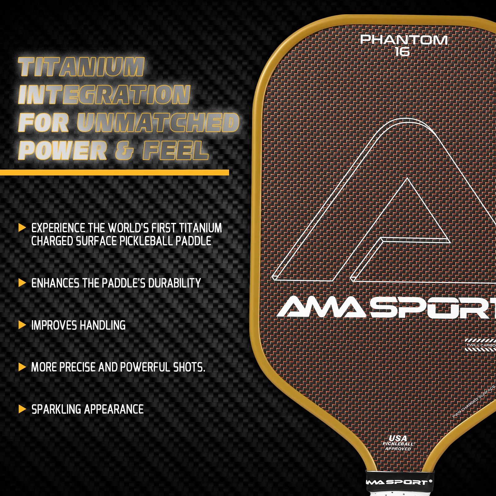 AMA SPORT Customized USAPA Approved Pickleball Paddle Phantom Titanium High Quality 3K 18K T700 Raw Carbon Fiber 16mm Thickness
