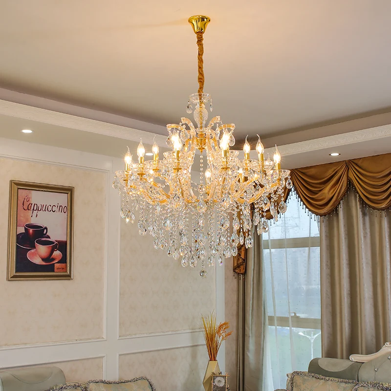 
Hot sell Modern European 18 lamps K9 Maria Theresa Crystal Chandeliers of Living rooms gold Amber clear celling pendant lights 