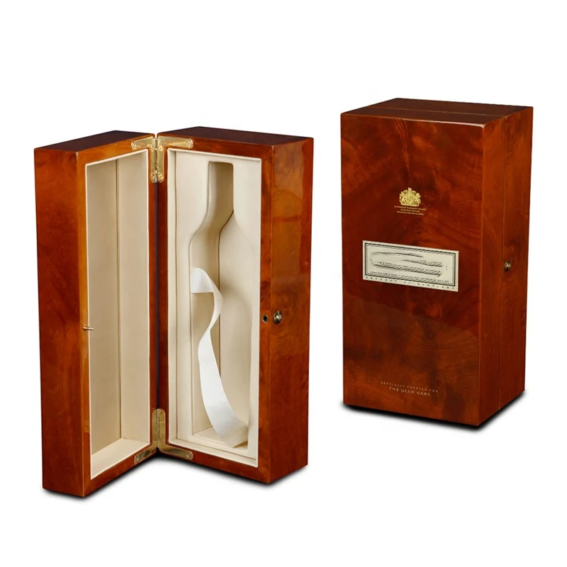 Luxury glossy lacquer painted wooden wine bottle packaging box single glossy wooden veneer box with metal logo plate