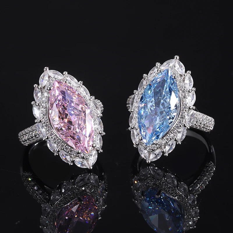 Hot sale S925 silver inlaid zircon 18K gold high carbon diamond Radiant cut big horse eye colored gemstone ladies ring jewelry