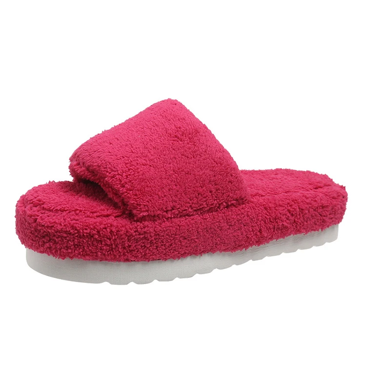 Factory Summer Open Toe Thick Soled Furry Solid Color Home Fluffy Faux Fur Slides Slippers for Women